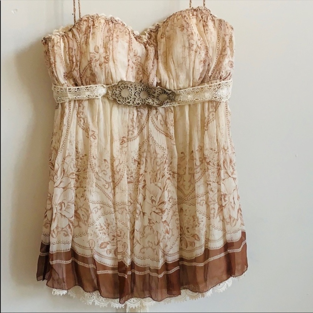 Elie Tahari Beige Floral Bustier Pleated Silk Top